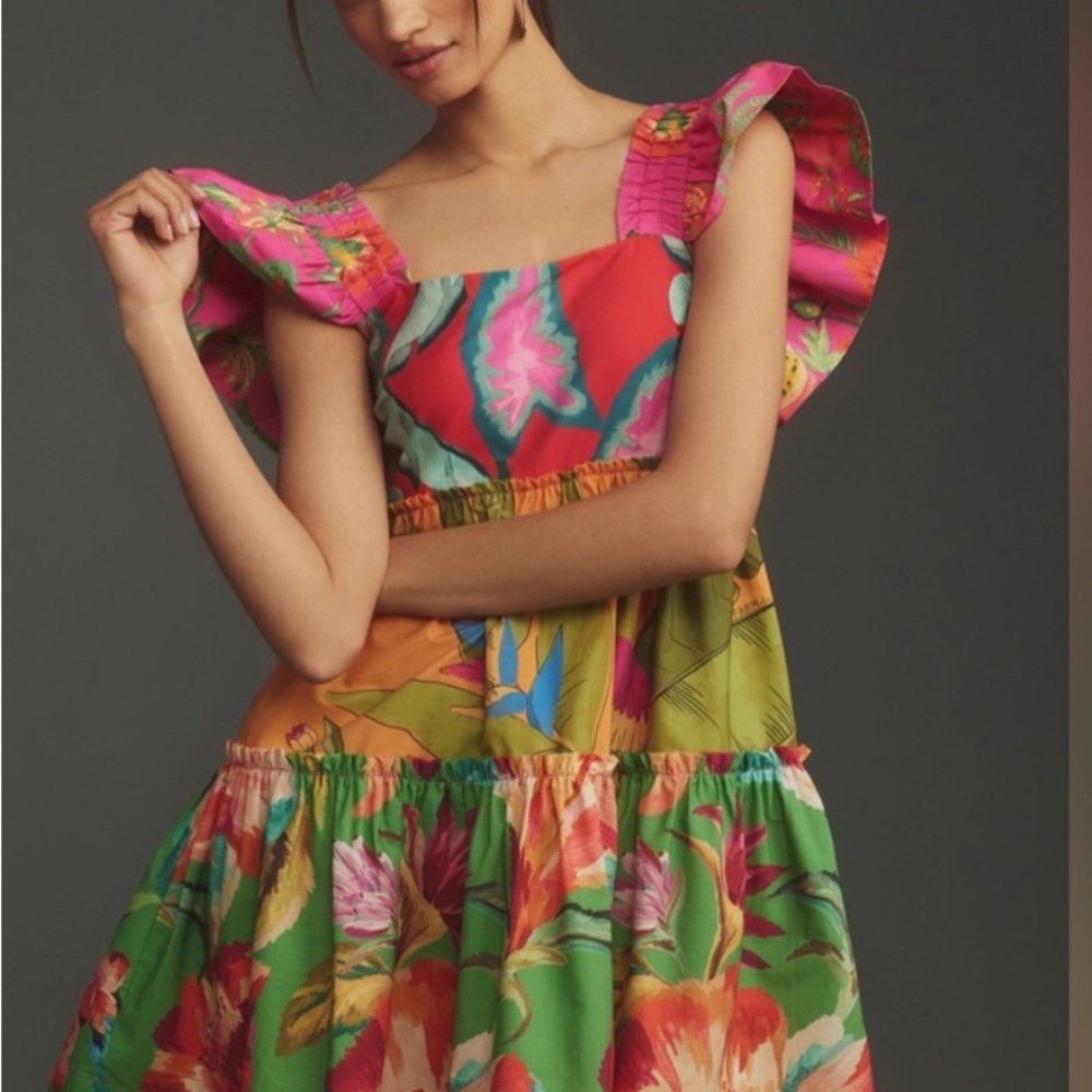 Farm Rio Vibrant Mixed Foliage Floral Dress with Flutter Sleeves